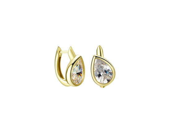So Easy Gold Tilted Pear Hoop Earrings featuring tilted pear-shaped cubic zirconia and 14k gold plating.