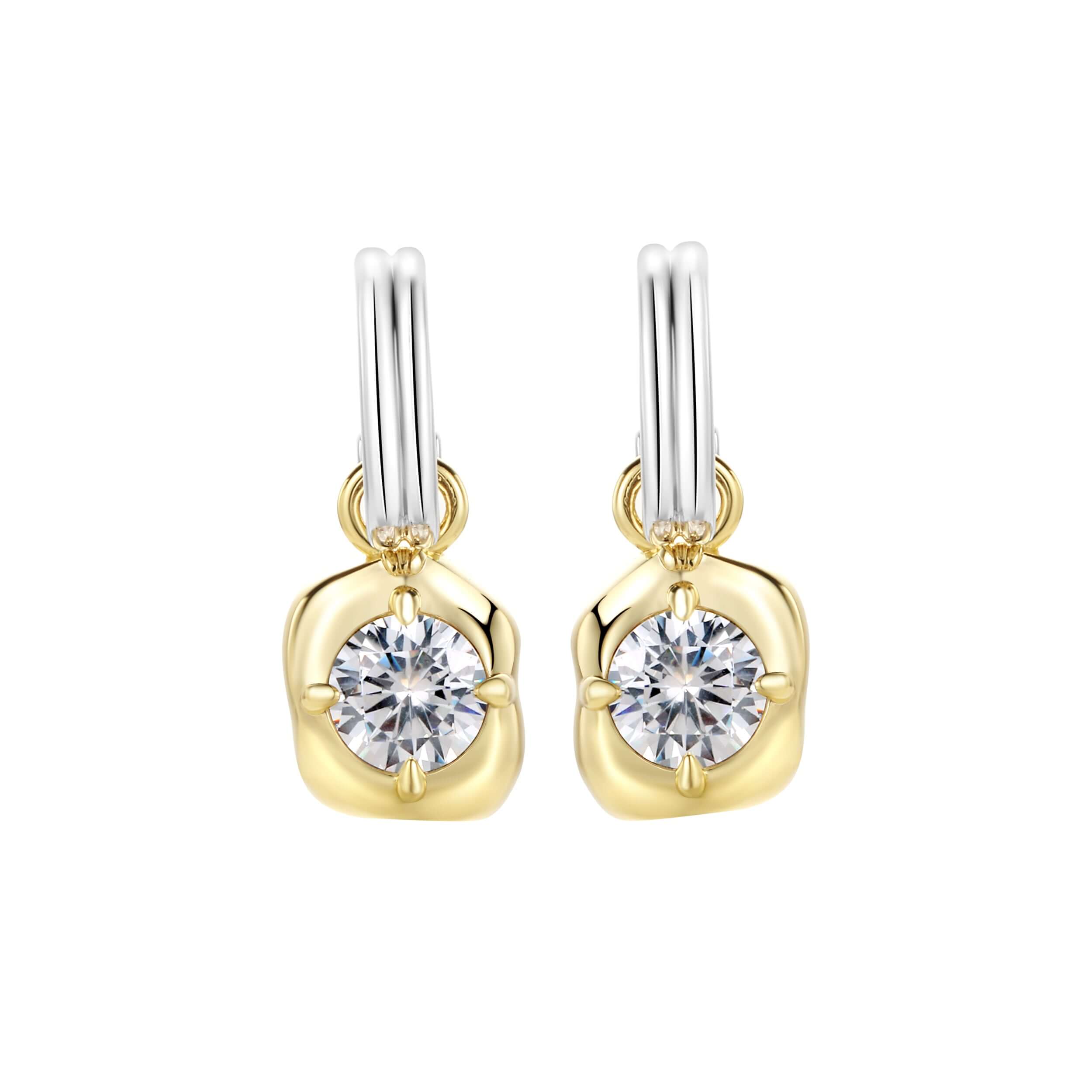 Drip Two-Tone Drop Hoop Earrings With Brilliant Cut Stones featuring CZ stones and rhodium plated hoop.