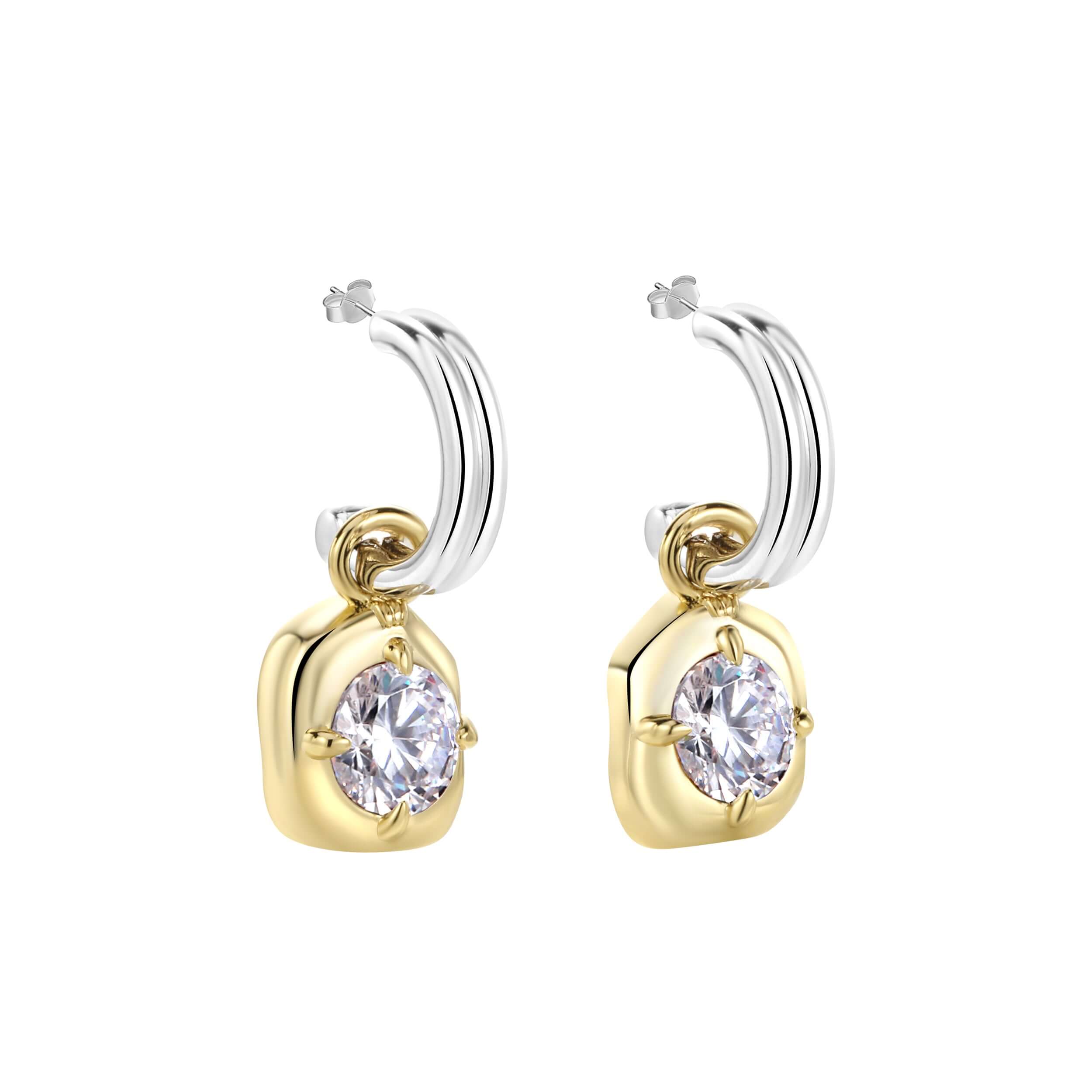 Drip Two-Tone Drop Hoop Earrings With Brilliant Cut Stones showcasing sparkling CZ stones and a polished gold pendant.