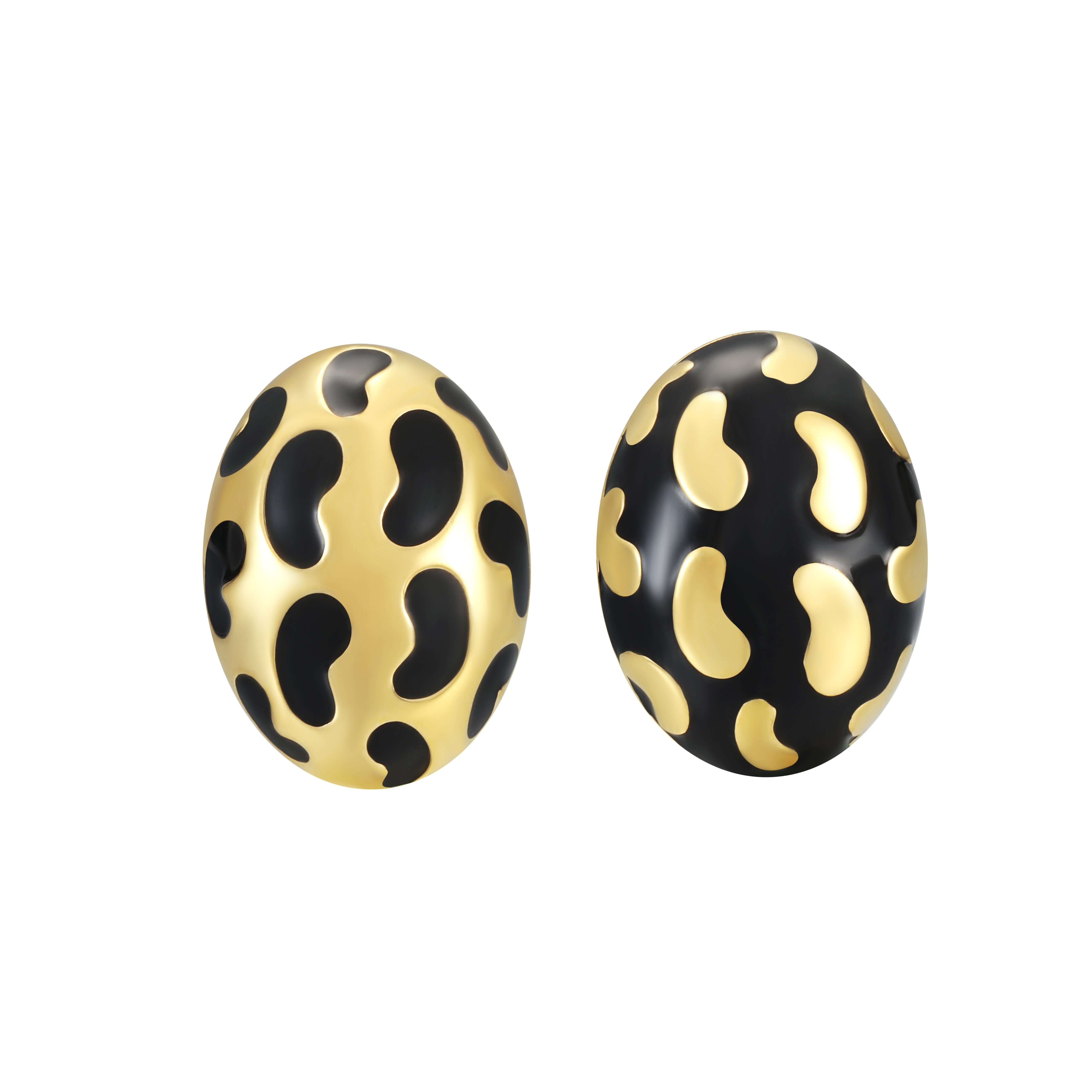 Born To Be Wild Leopard Earrings featuring a bold oval shape with high-gloss leopard print in black and gold.