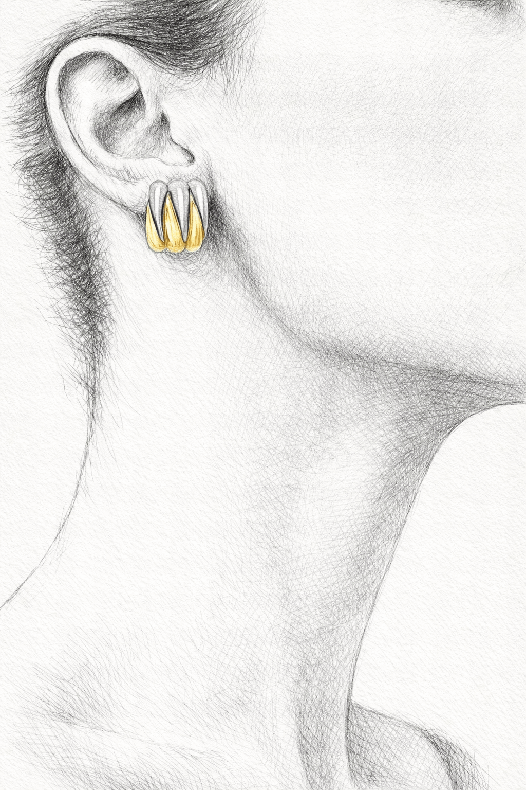 Wild Thing Two-Tone Zig-Zag Earrings showcased on a model, featuring a modern gold and silver design.