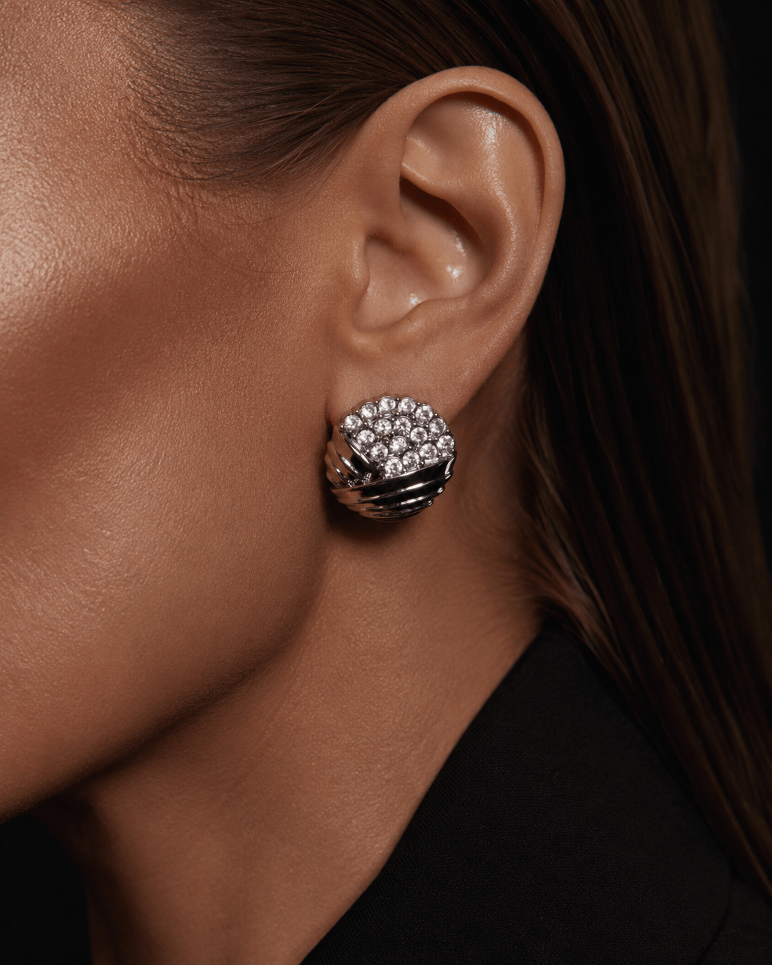 Don’t Overthink It Silver Earrings showcased on a model, featuring layered silver detailing and pavé-set stones.