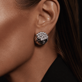 Don’t Overthink It Silver Earrings showcased on a model, featuring layered silver detailing and pavé-set stones.