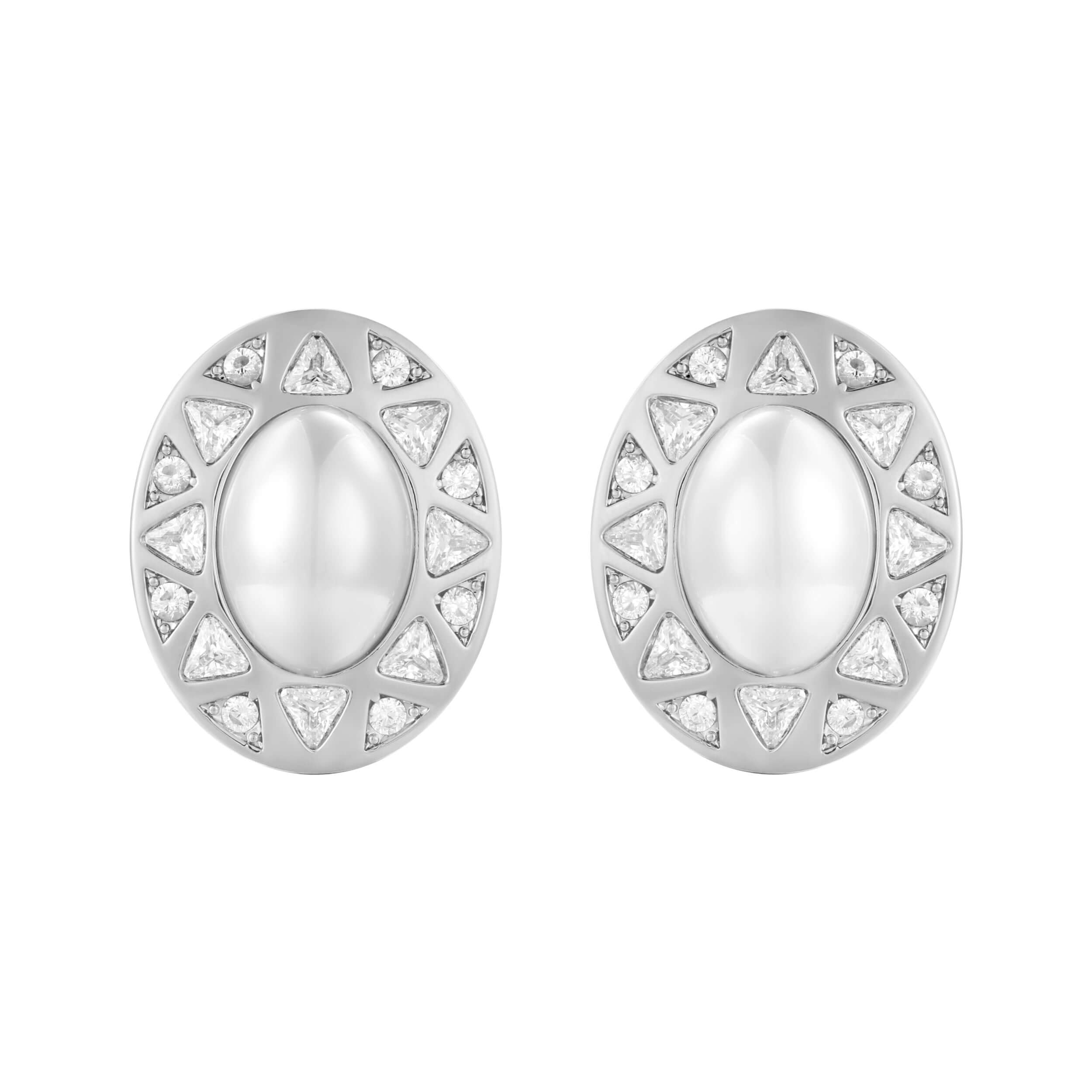 Be Your Own Sunshine Silver Earrings with pearlescent center and pavé stones, vintage-inspired design.