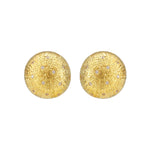 Delusional Optimism Vintage Textured Large Round Crystal Dome Gold Earrings showcasing a bold sunburst design.