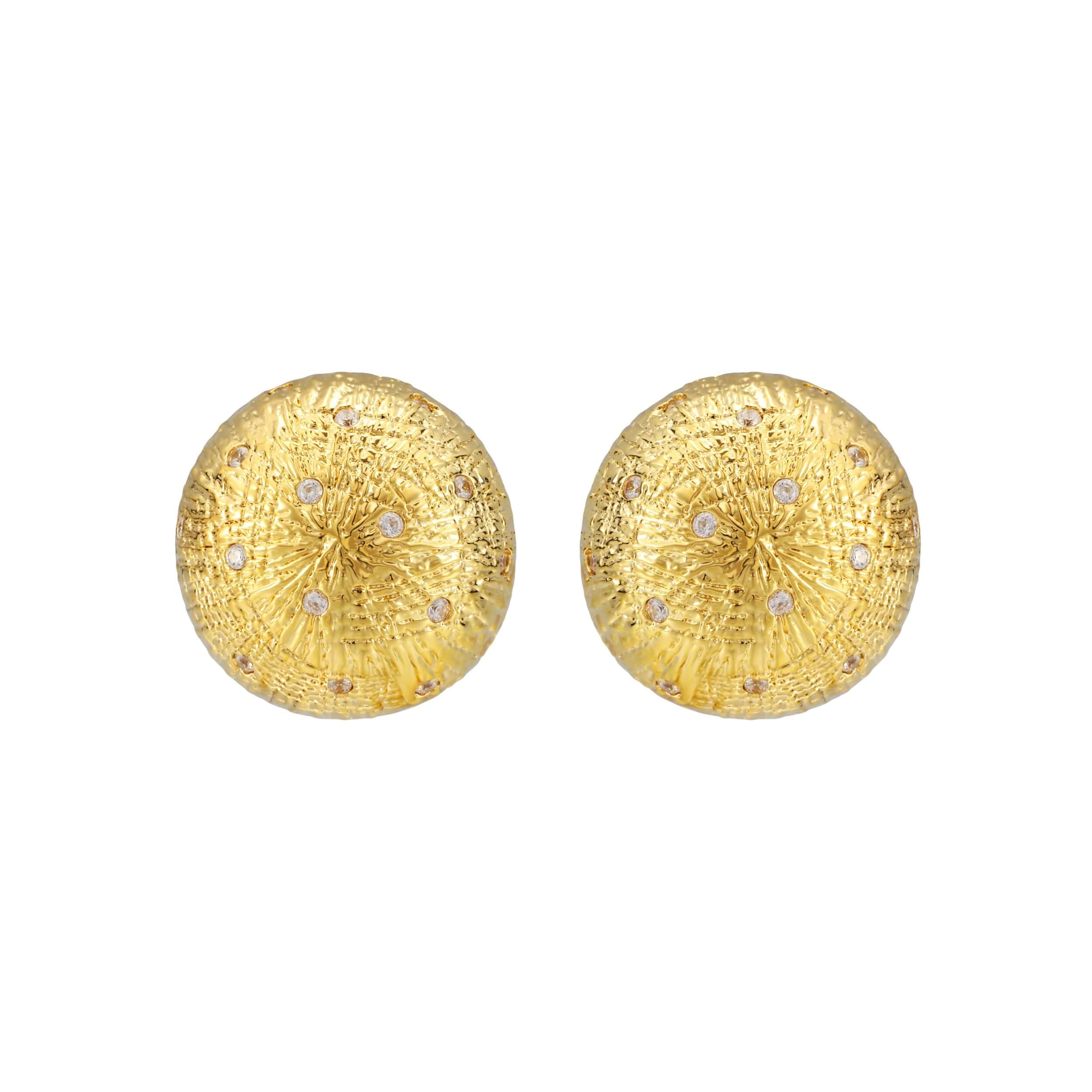 Delusional Optimism Vintage Textured Large Round Crystal Dome Gold Earrings showcasing a bold sunburst design.