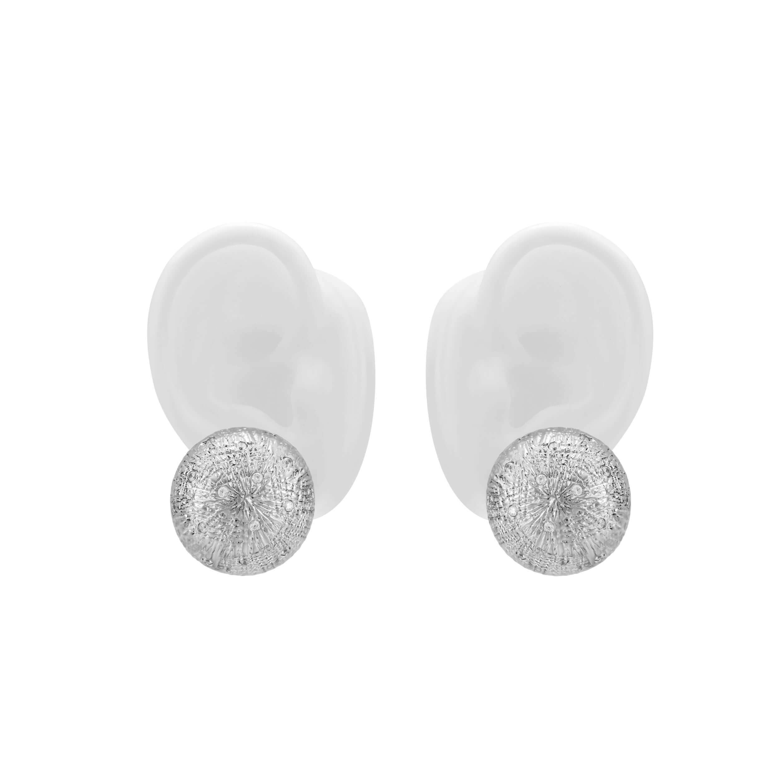 Delusional Optimism Vintage Textured Large Round Crystal Dome Silver Earrings displayed on model's ears.