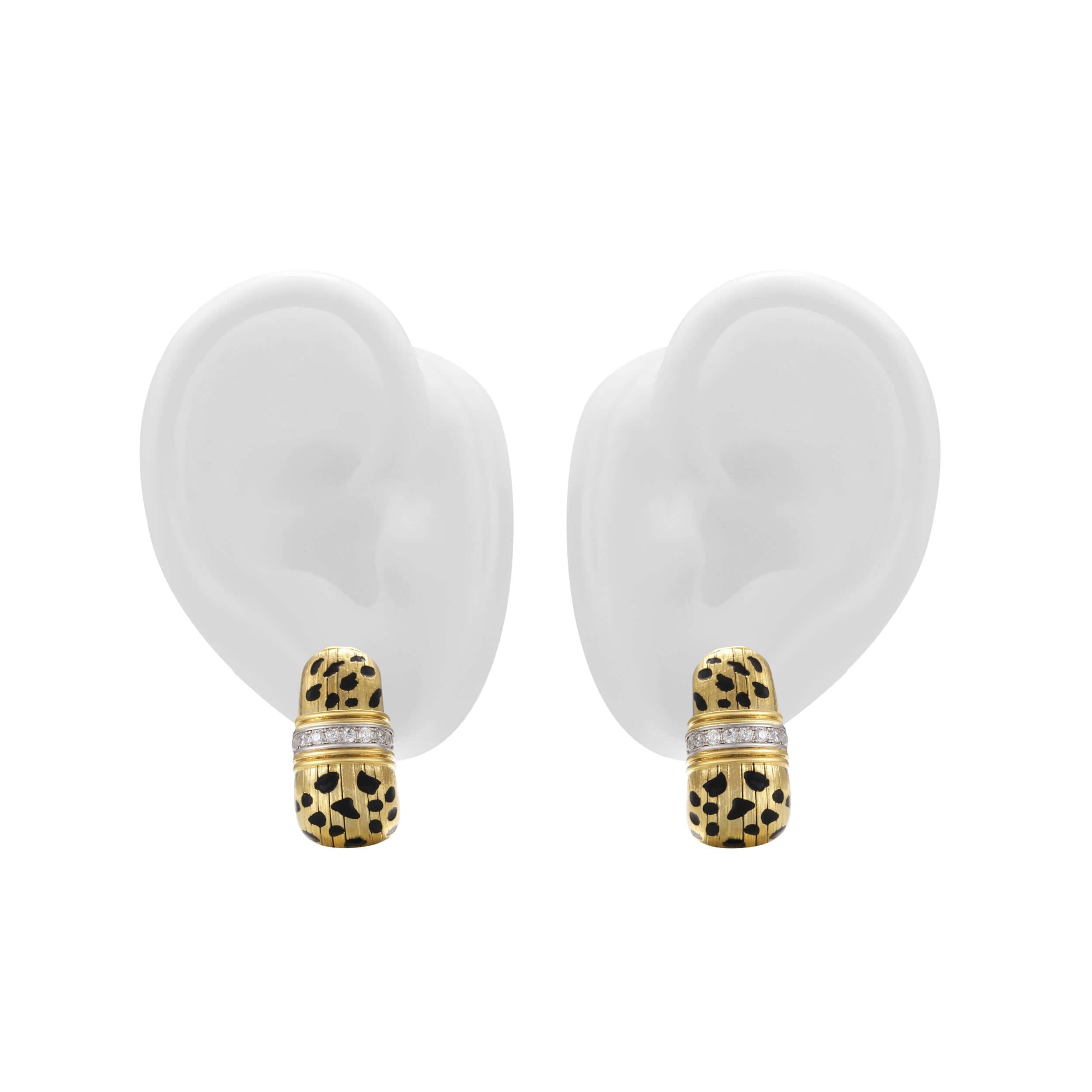 Just Do You Leopard Gold Earrings showcased on white ear model, featuring vintage-inspired design and pavé detailing.