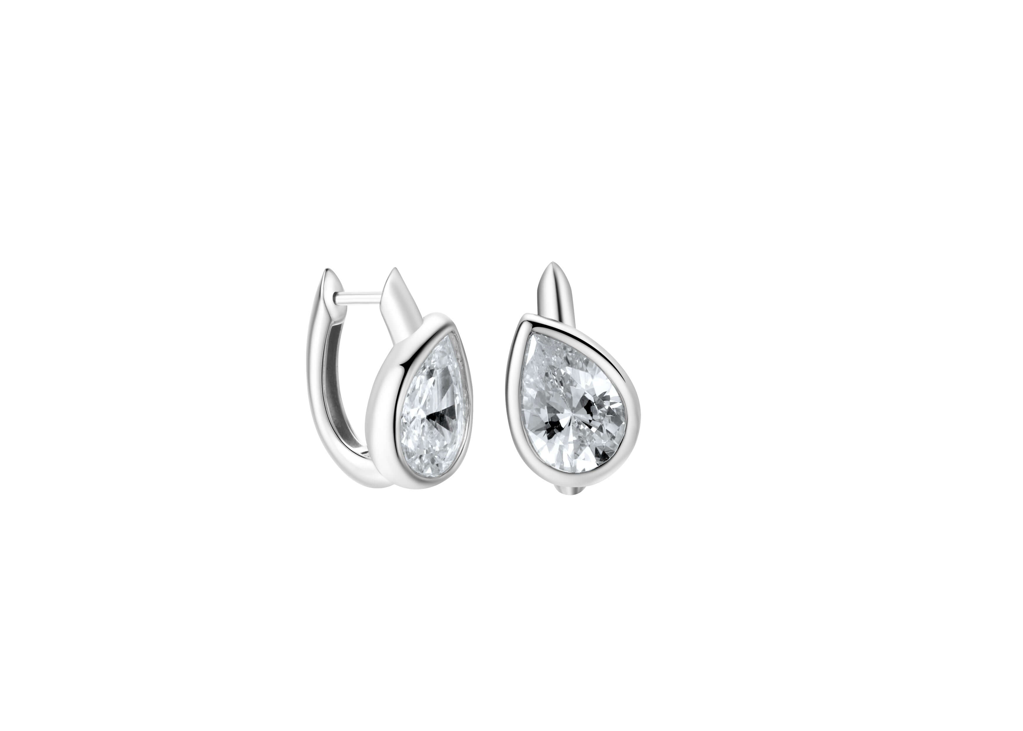 So Easy Silver Tilted Pear Hoop Earrings featuring pear-shaped cubic zirconia stones in sterling silver.