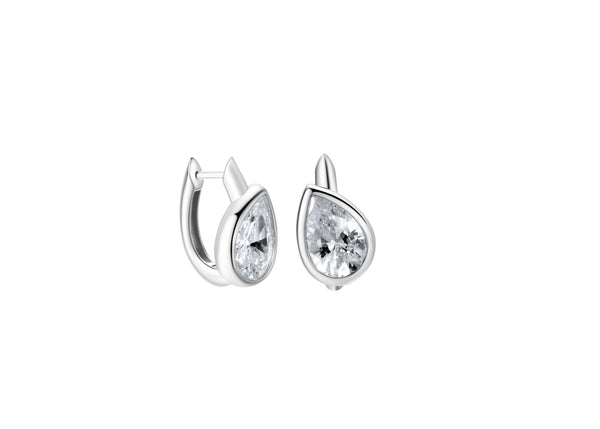 So Easy Silver Tilted Pear Hoop Earrings featuring pear-shaped cubic zirconia stones in sterling silver.