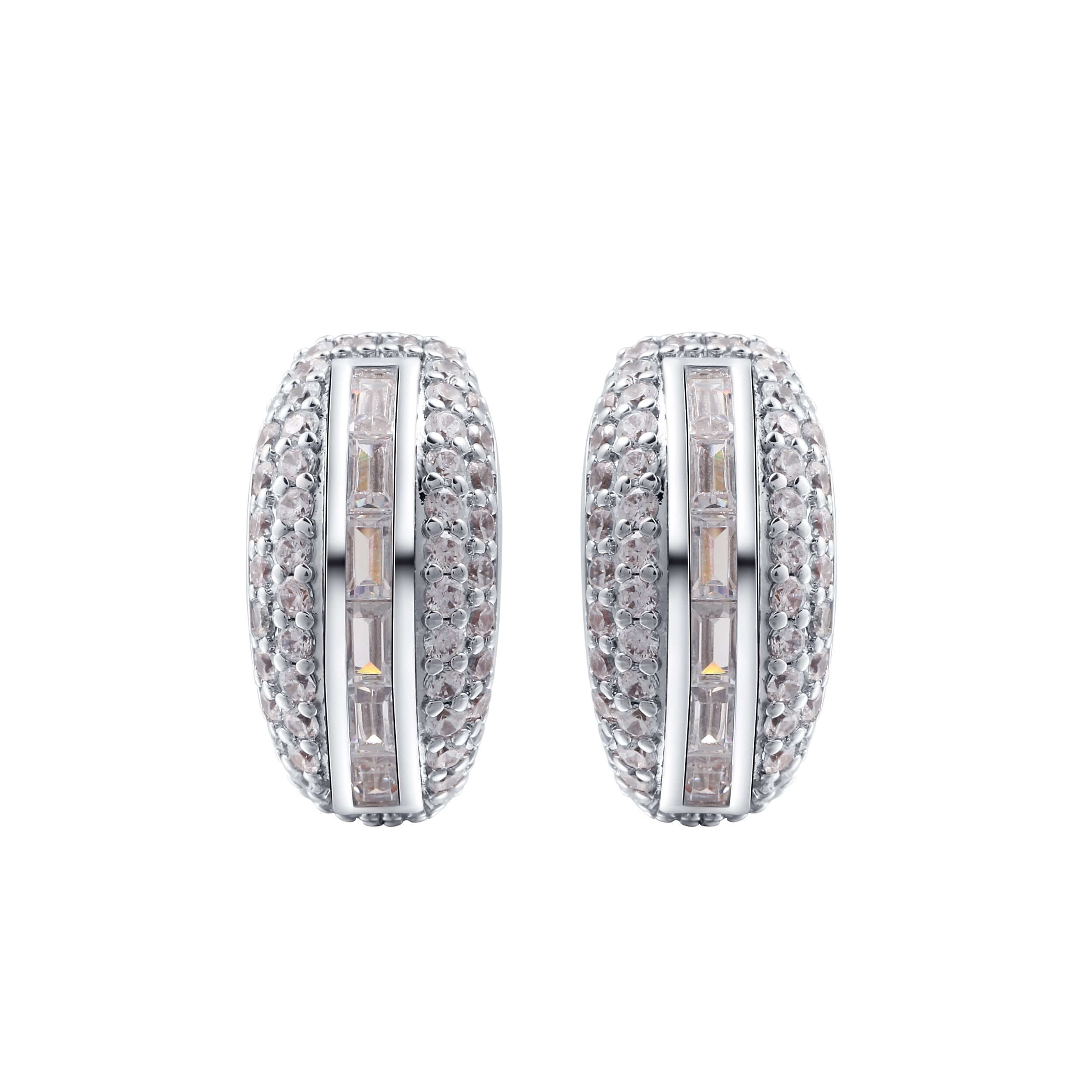 Flex Silver Pavé Huggie Earrings With Baguette Accent Stones featuring sparkling round and baguette-cut CZ.