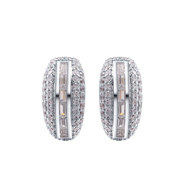 Flex Silver Pavé Huggie Earrings With Baguette Accent Stones featuring sparkling round and baguette-cut CZ.
