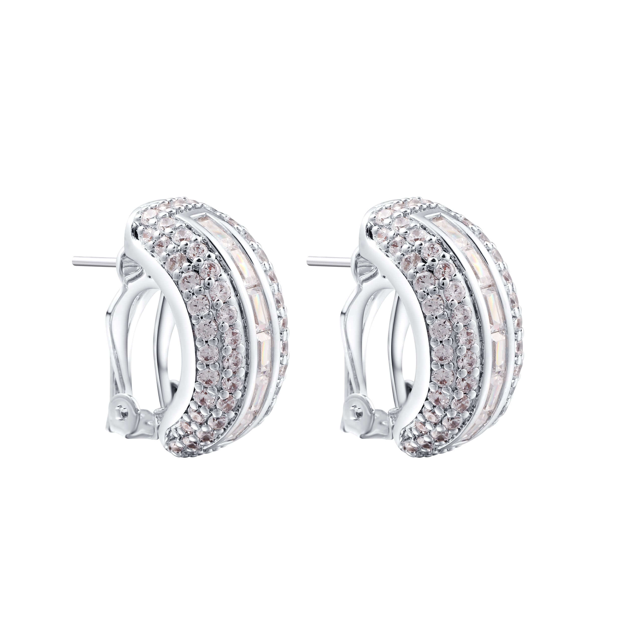 Flex Silver Pavé Huggie Earrings With Baguette Accent Stones featuring sparkling round and baguette-cut stones.