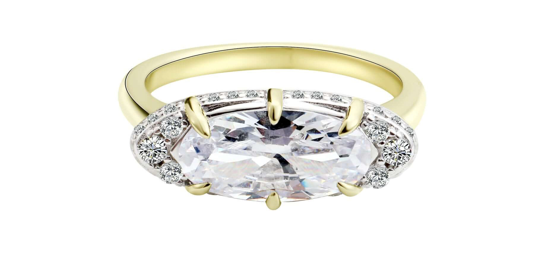 The Rest Of The World Can Wait East-West Gold Ring featuring a bold design with a central stone and detailed basket accents.