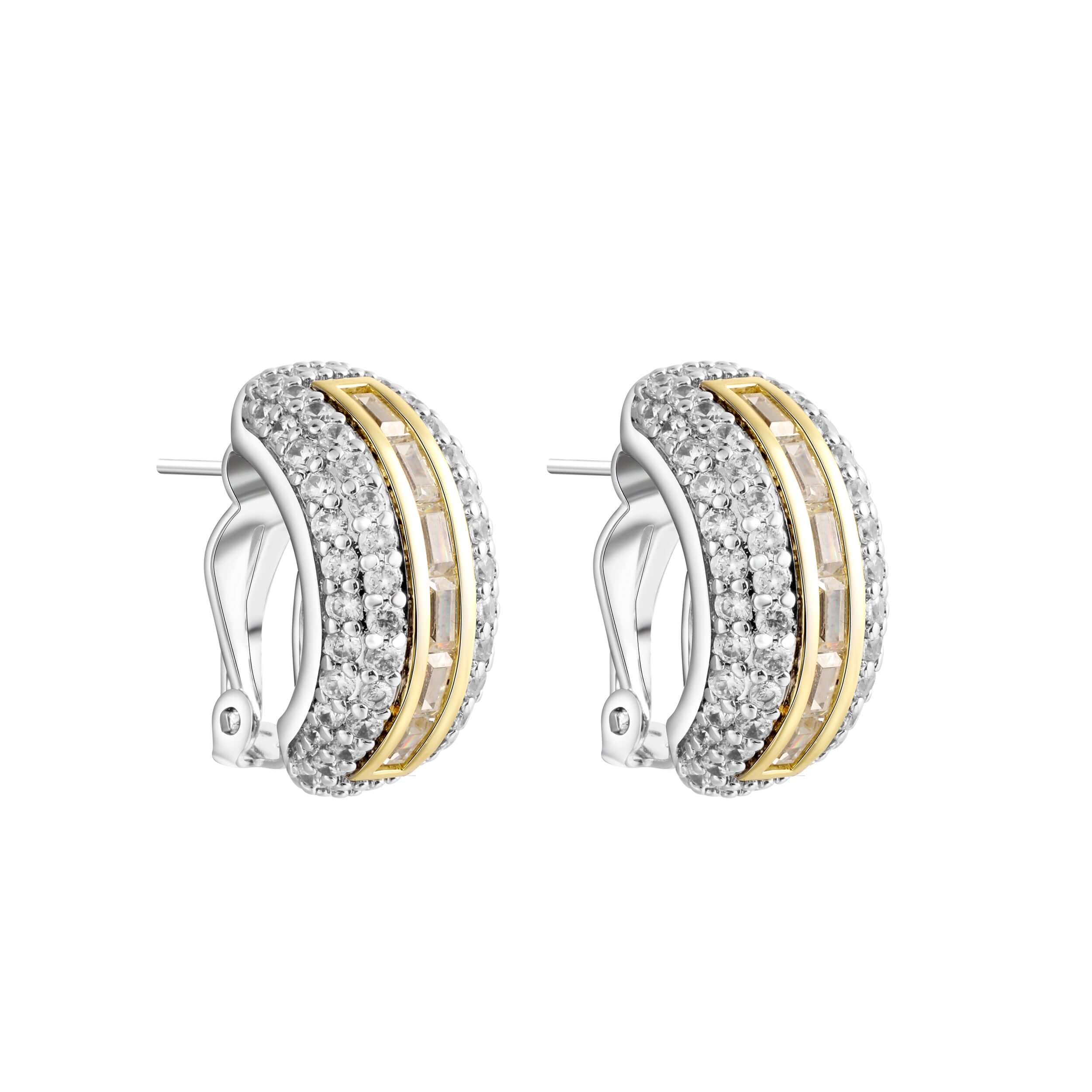 Flex Two Tone Pavé Huggie Earrings With Baguette Accent Stones showcasing sparkling stones and elegant design.
