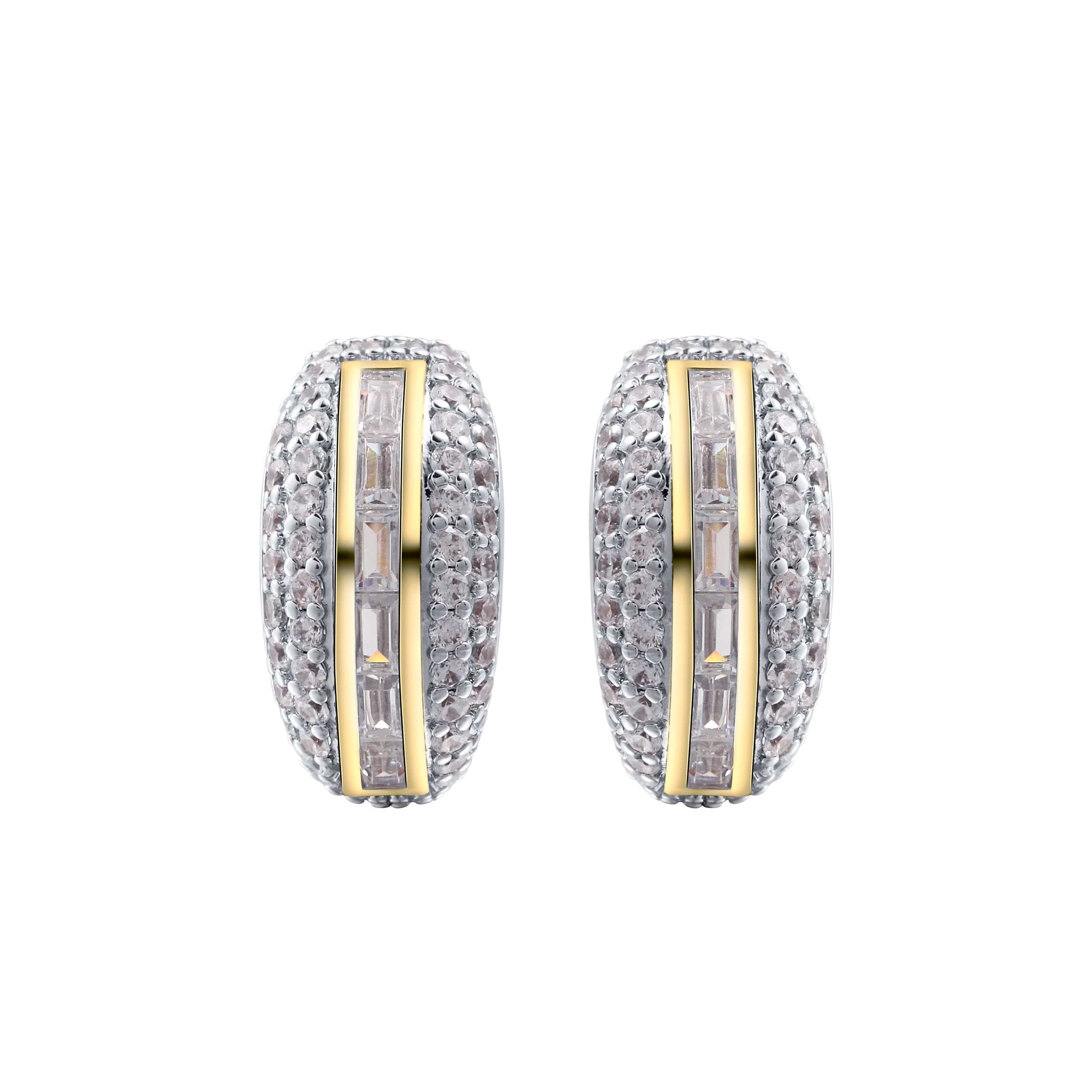 Flex Two Tone Pavé Huggie Earrings With Baguette Accent Stones featuring sparkling round stones and baguette-cut CZ.
