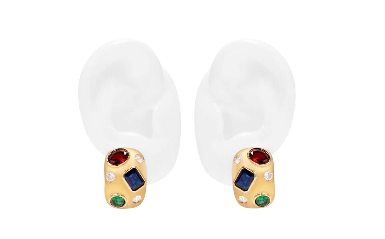 Apricity Colourful Gem Chunky Gold Earrings showcasing vibrant gemstones against a smooth gold design.