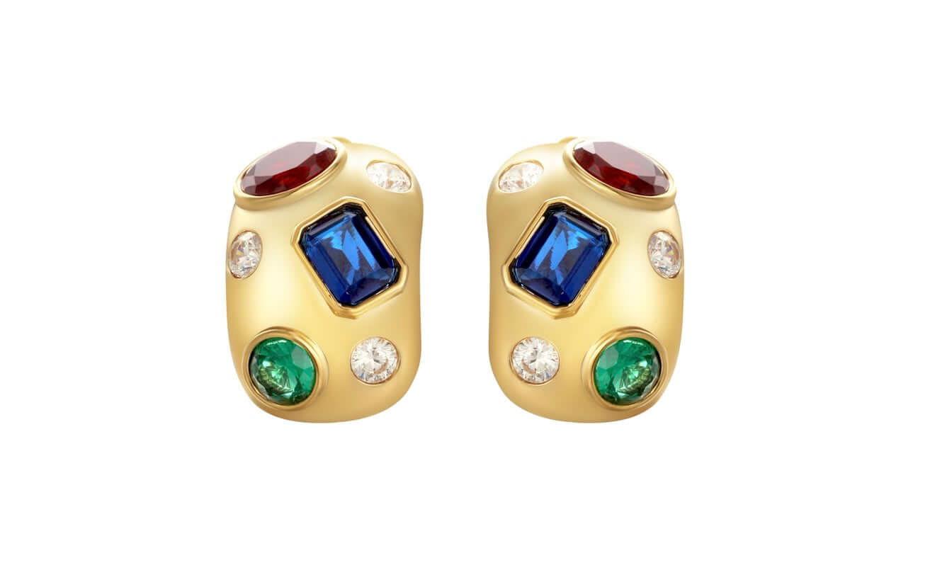 Apricity Colourful Gem Chunky Gold Earrings featuring vibrant multicolour gemstones in a huggie style.
