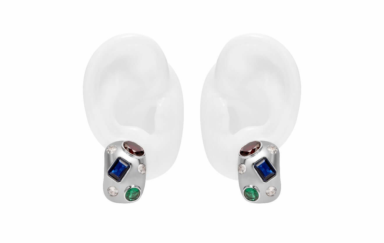 Apricity Colourful Gem Chunky Silver Earrings featuring vibrant multicolored gemstones in a sleek huggie design.