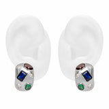 Apricity Colourful Gem Chunky Silver Earrings featuring vibrant multicolored gemstones in a sleek huggie design.