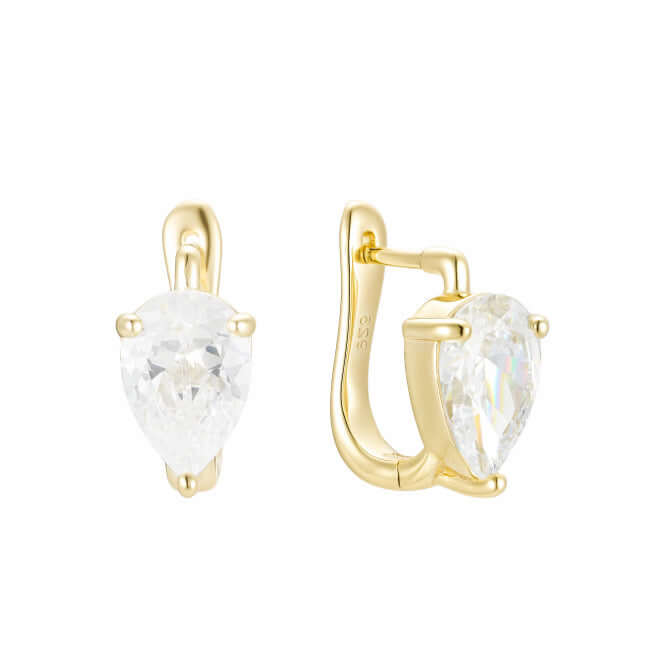 I Want Magic Pear Cut Drop Earrings featuring pear cut cubic zirconia set in gold-plated sterling silver.