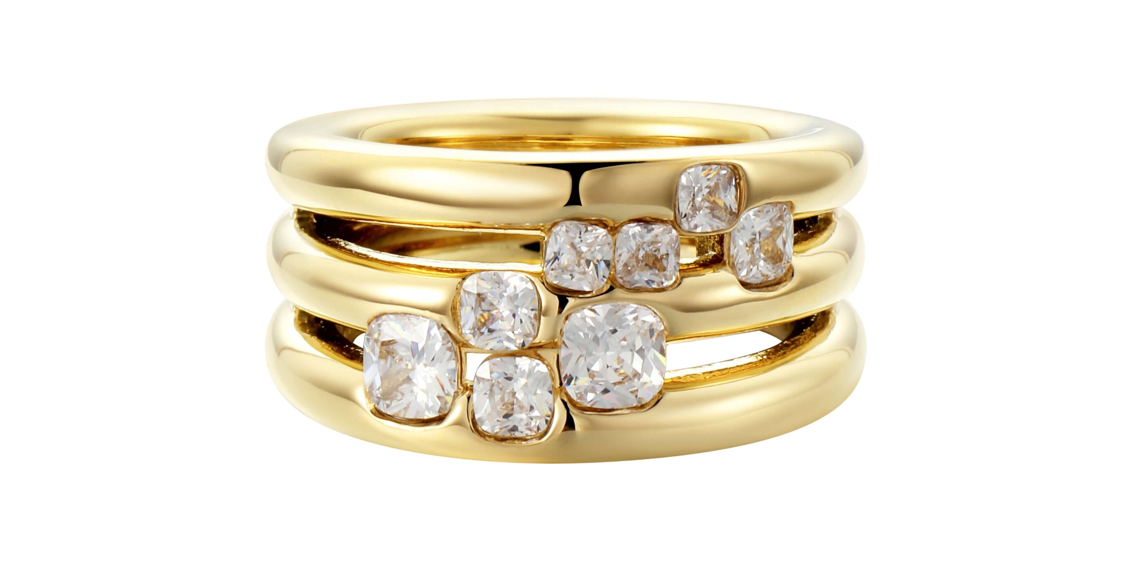 It’s All For Fun Cluster Ring featuring smooth rounded bands and a cluster of sparkling cubic zirconia in gold plating.