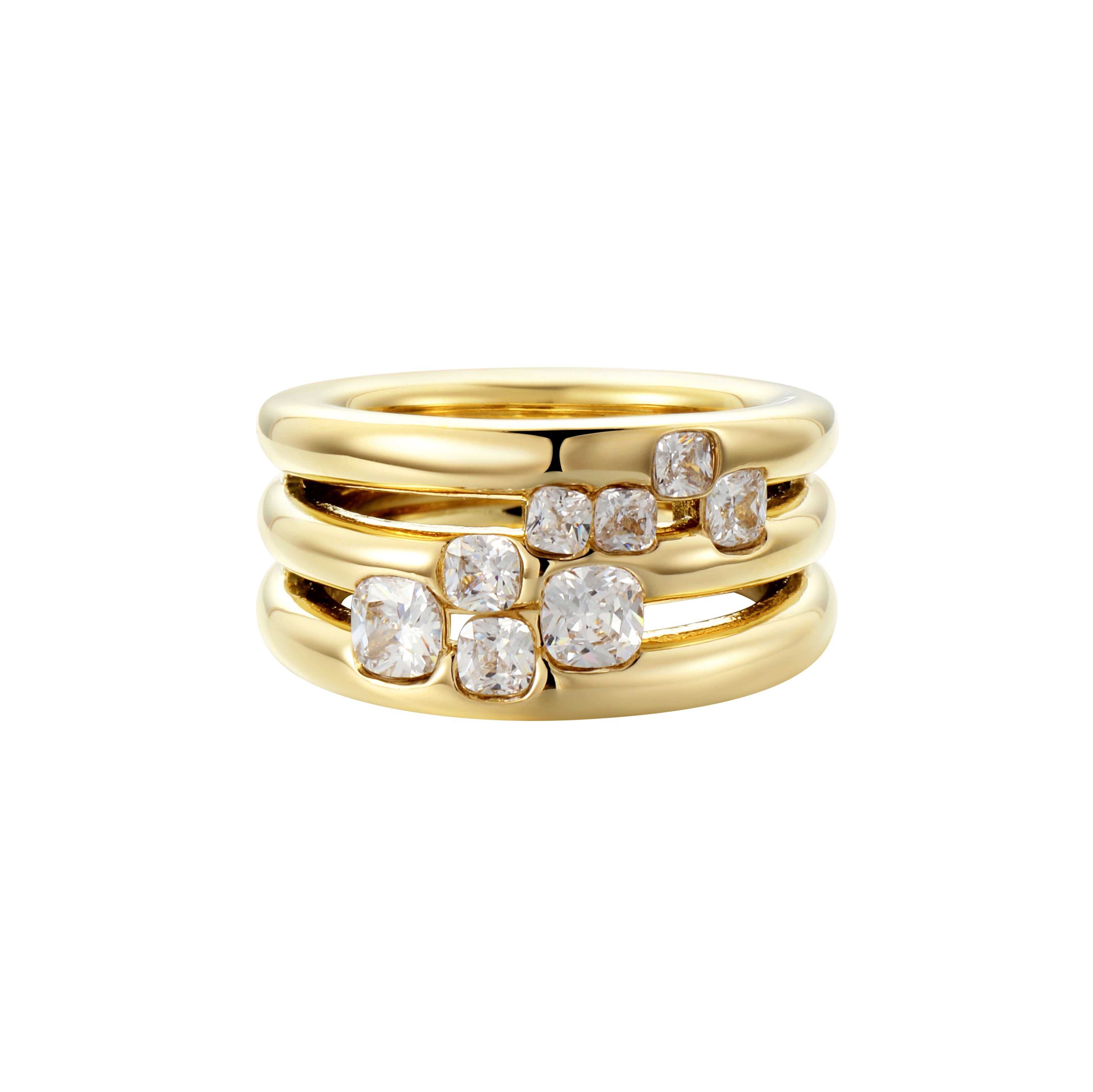 It’s All For Fun Cluster Ring featuring smooth rounded bands and a cluster of sparkling cubic zirconia in gold plating.