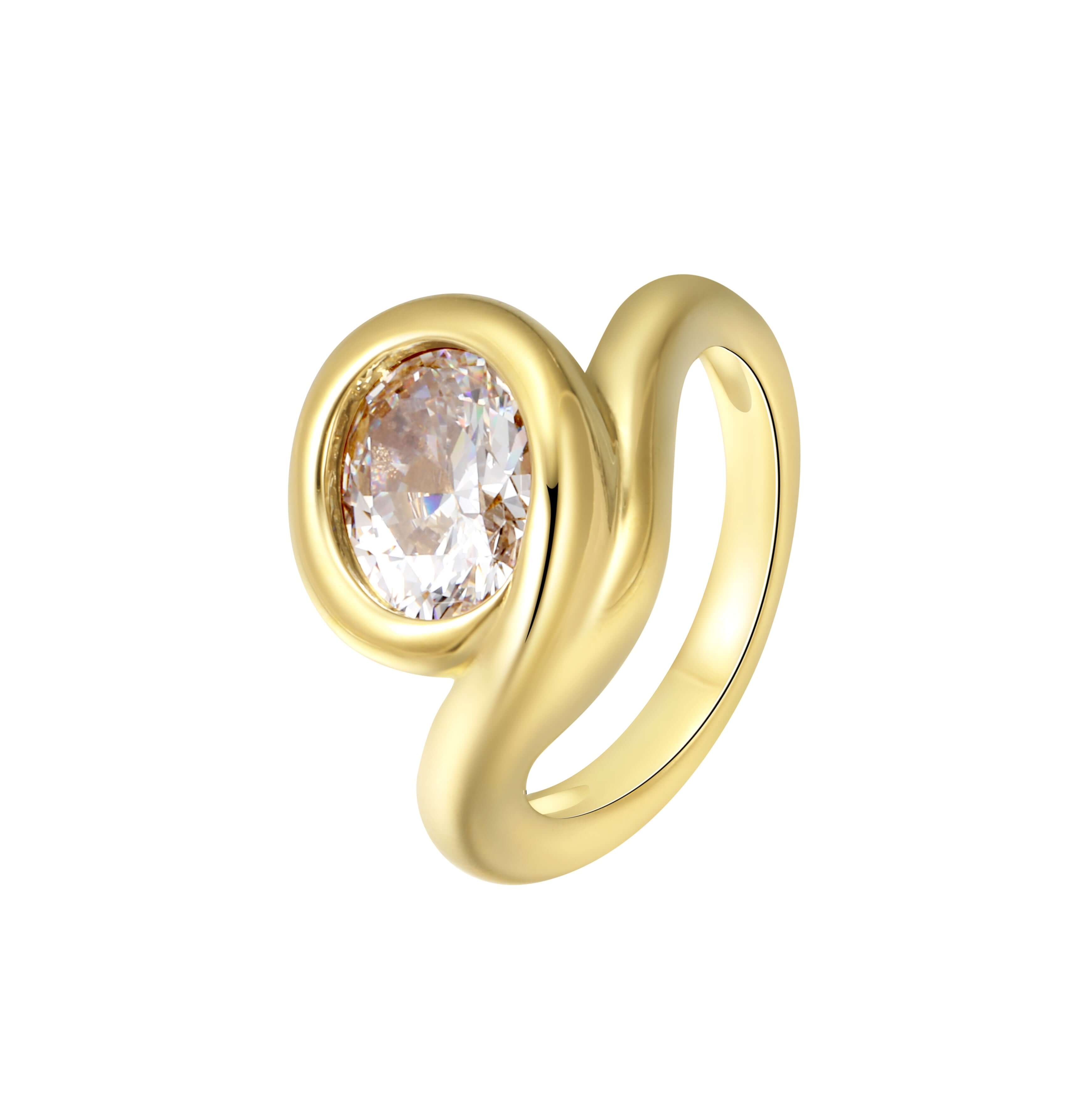 Bonjour Mon Amour Ring featuring an oversized round-cut stone in a smooth sculptural design with gold PVD plating.