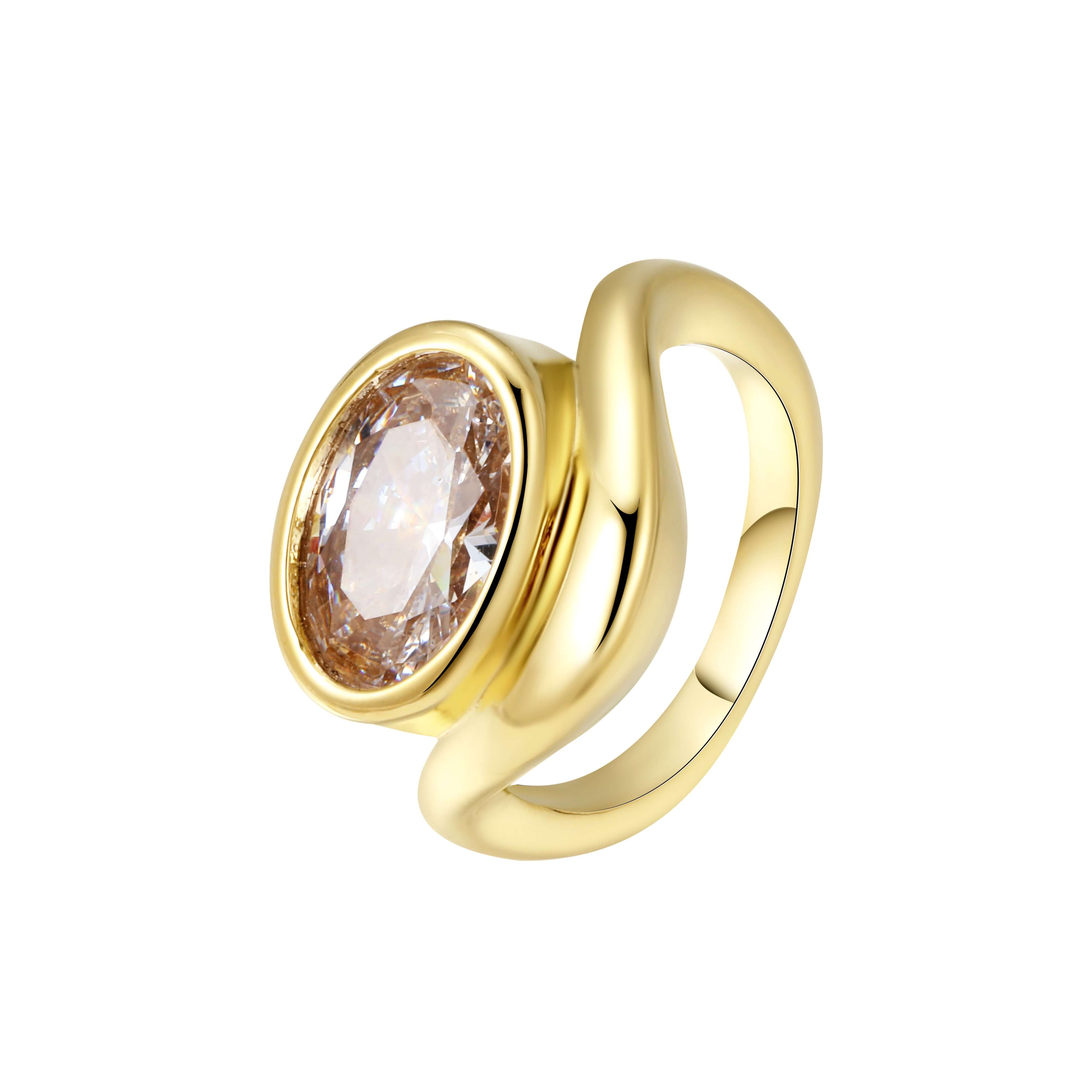 Having A Moment Ring featuring an oval-cut stone in a smooth molten-inspired band, crafted in 14k gold PVD plated brass.