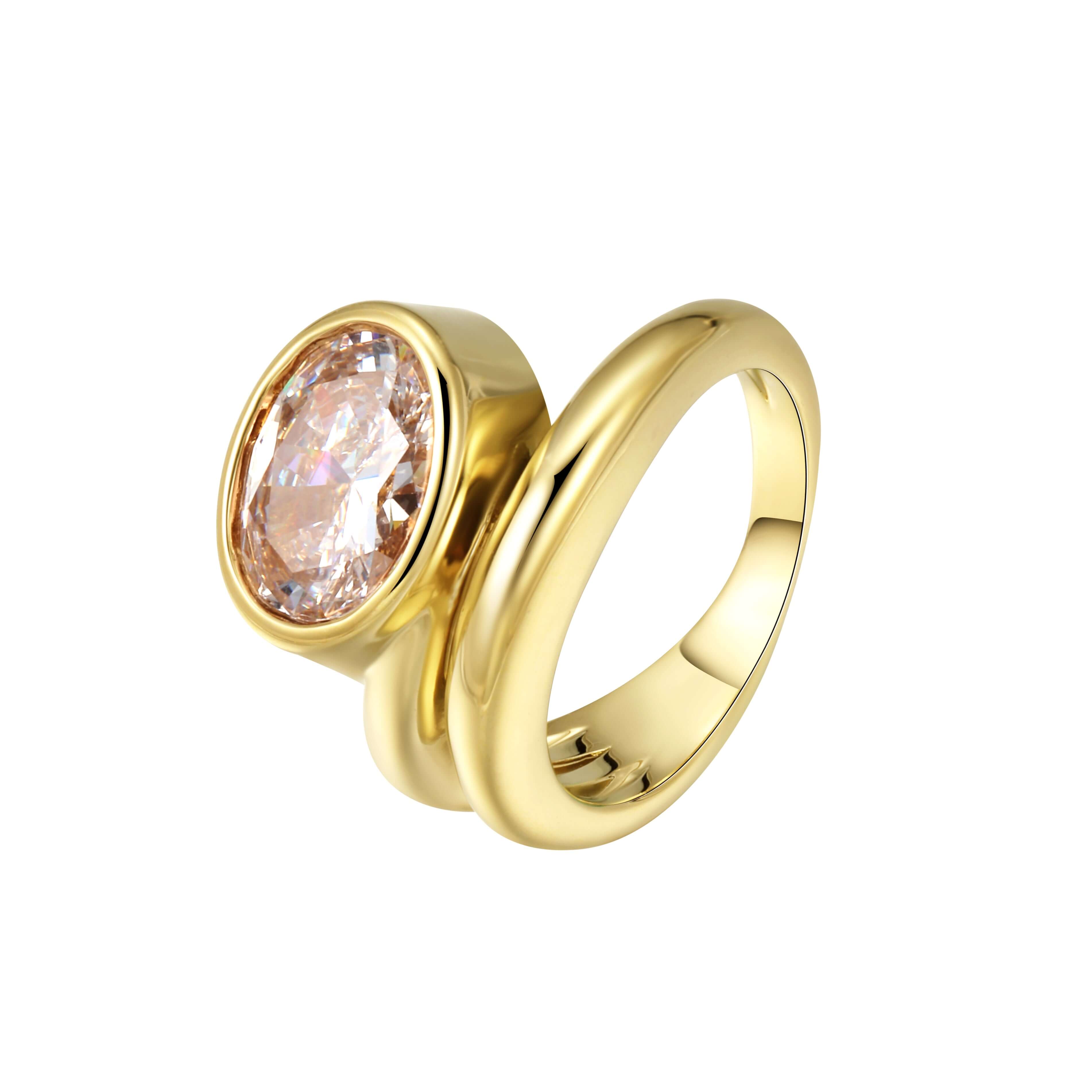 Love You Back Ring featuring an oversized oval-cut stone in a fluid sculptural setting, crafted from brass.