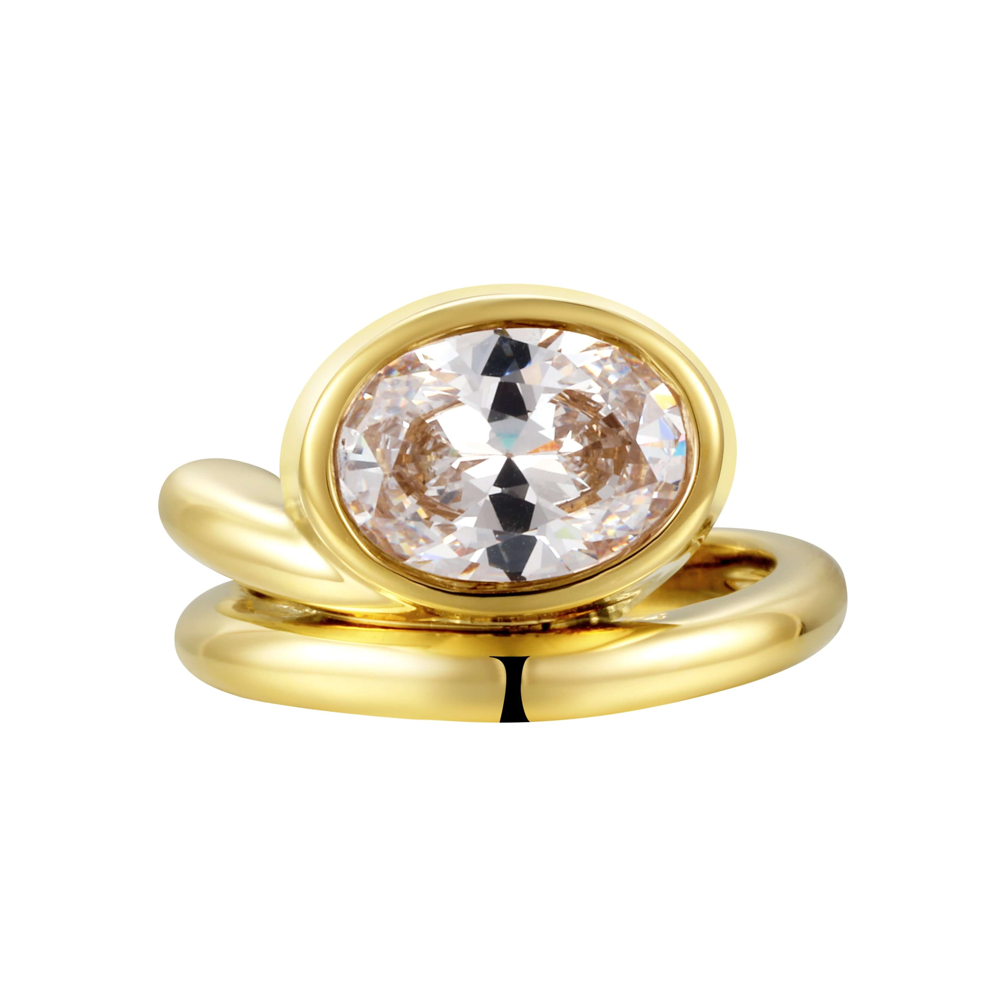 Love You Back Ring featuring an oversized oval-cut stone in a fluid sculptural setting with gold plating.