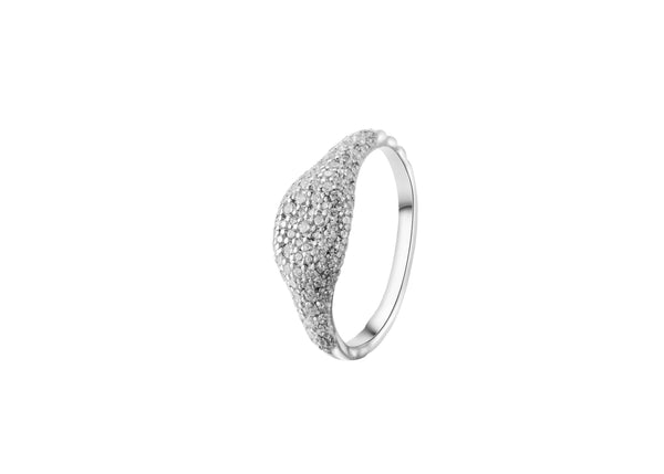 Showgirl Pavé Silver Ring featuring pavé-set cubic zirconia and rhodium plating in a sculptural design.