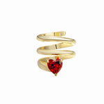 Lucky Girl Heart Spiral Pinky Ring in 14k gold plating with a red heart CZ stone, showcasing a delicate spiral design.