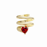 Lucky Girl Heart Spiral Pinky Ring in 14k gold plating with a red heart CZ stone, showcasing a delicate spiral design.