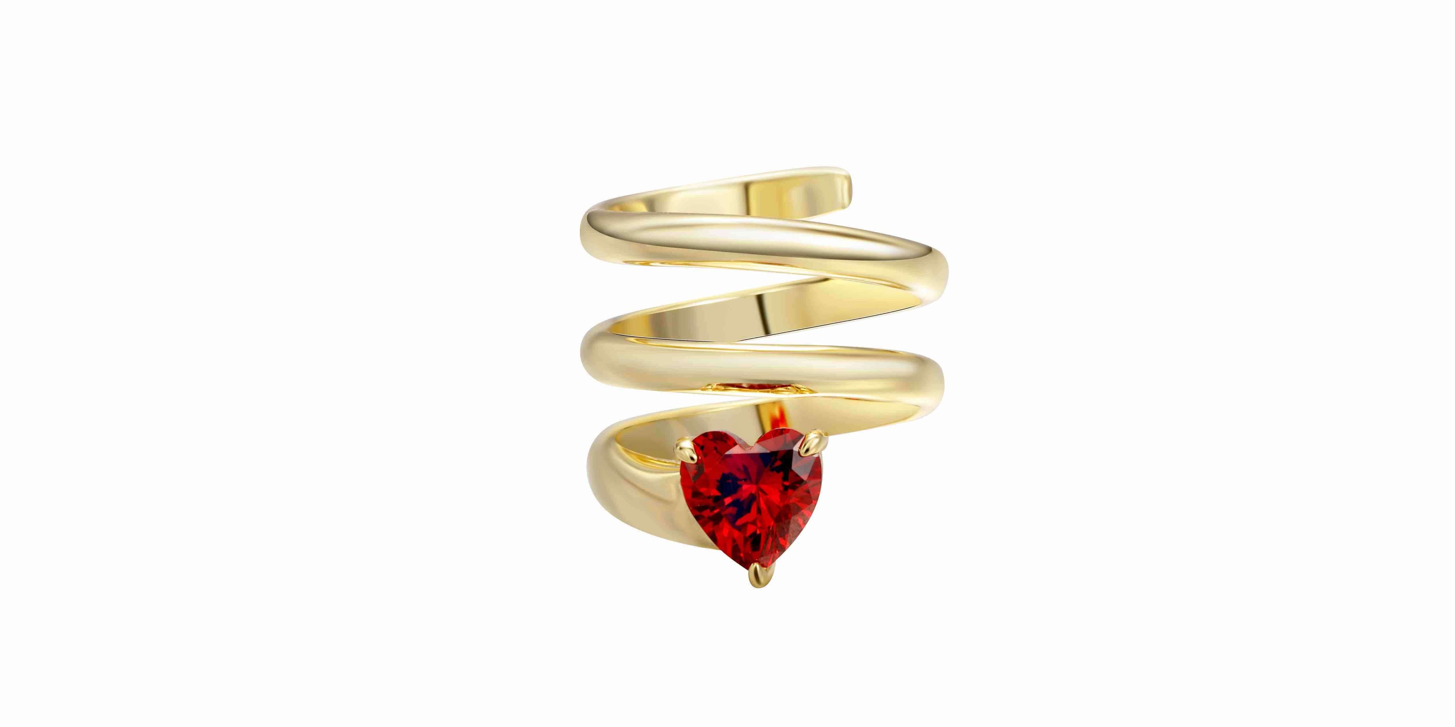 Lucky Girl Heart Spiral Pinky Ring in 14k gold plating with a red heart CZ stone, showcasing a delicate spiral design.