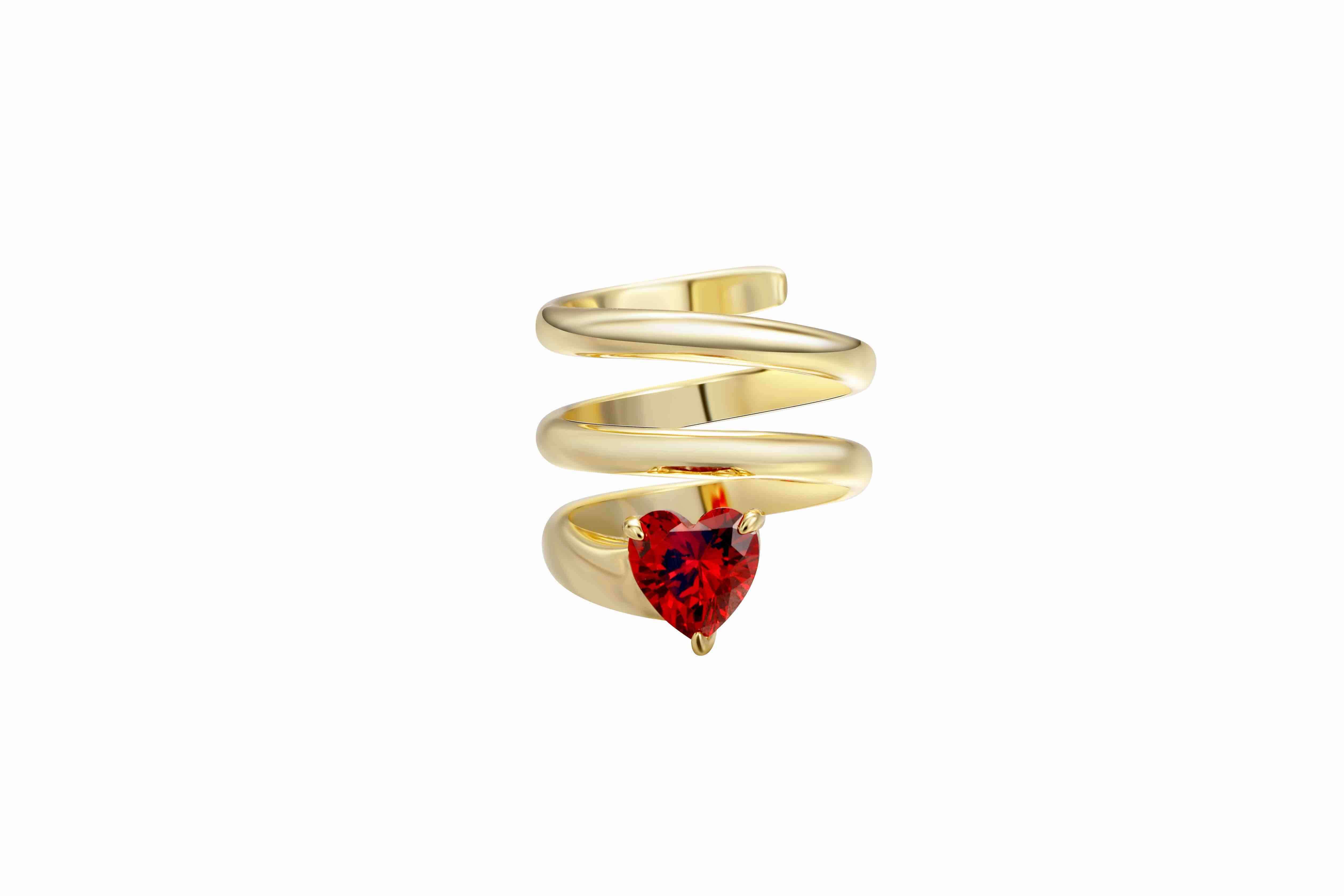 Lucky Girl Heart Spiral Pinky Ring in 14k gold plating with a red heart CZ stone, showcasing a delicate spiral design.