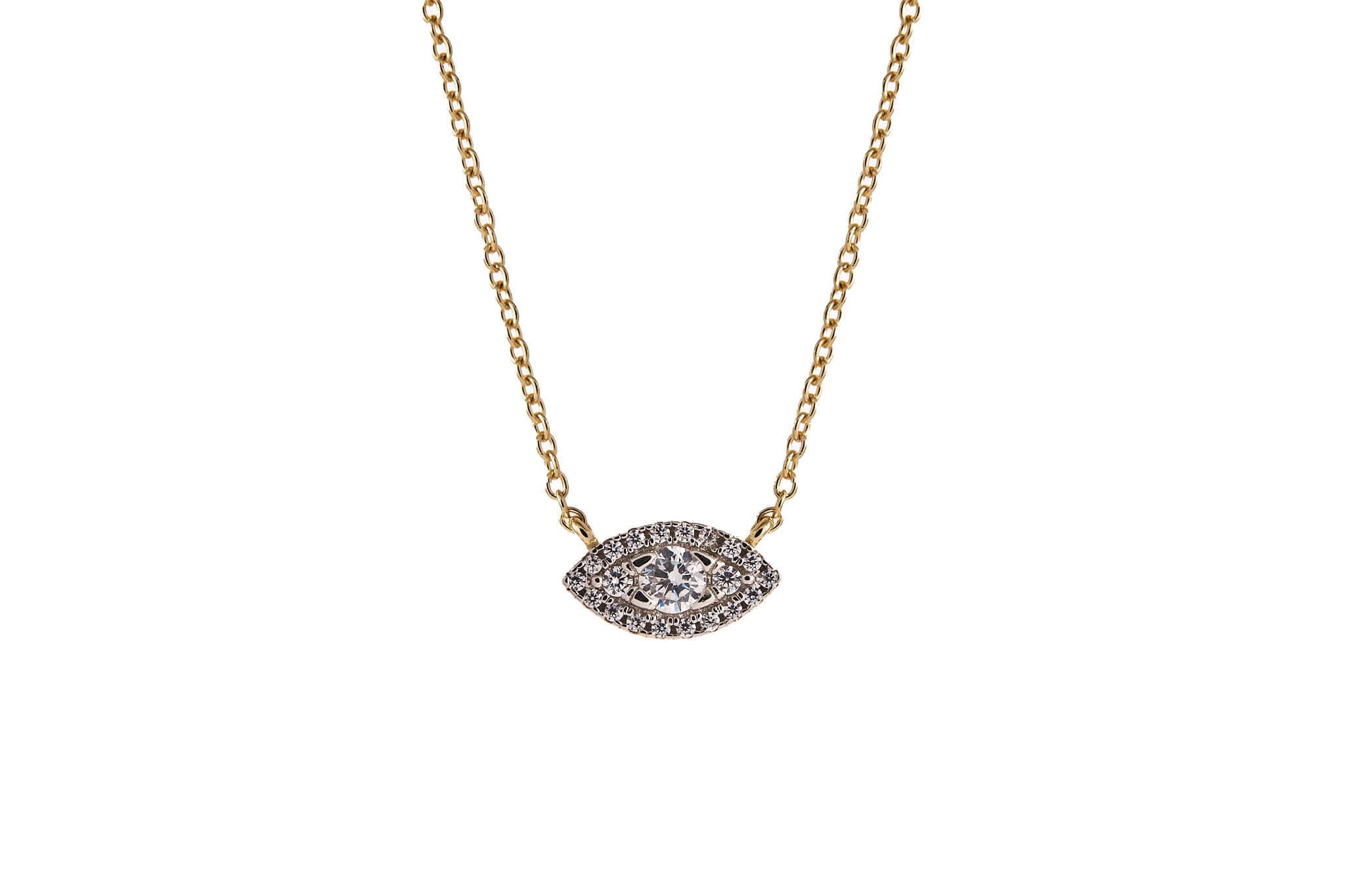 Forever In Those Eyes Evil Eye Necklace in 925 sterling silver with a 14k gold plated finish and rhodium pendant.