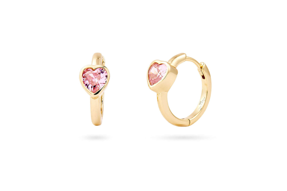 Love Actually Is All Around Pink Heart Huggie Earrings in 14k gold plating with pink heart detail