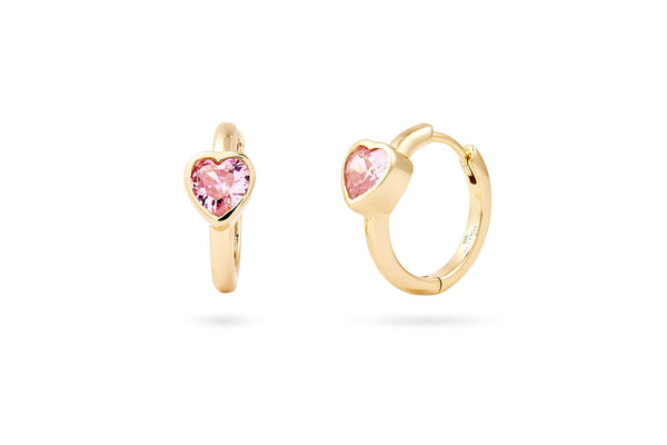 Love Actually Is All Around Pink Heart Huggie Earrings in 14k gold plating with pink heart detail