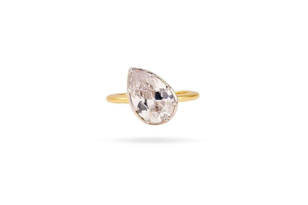 Be Bold Tilted Pear Ring featuring a tilted pear-shaped cubic zirconia on a 14k gold plated band.
