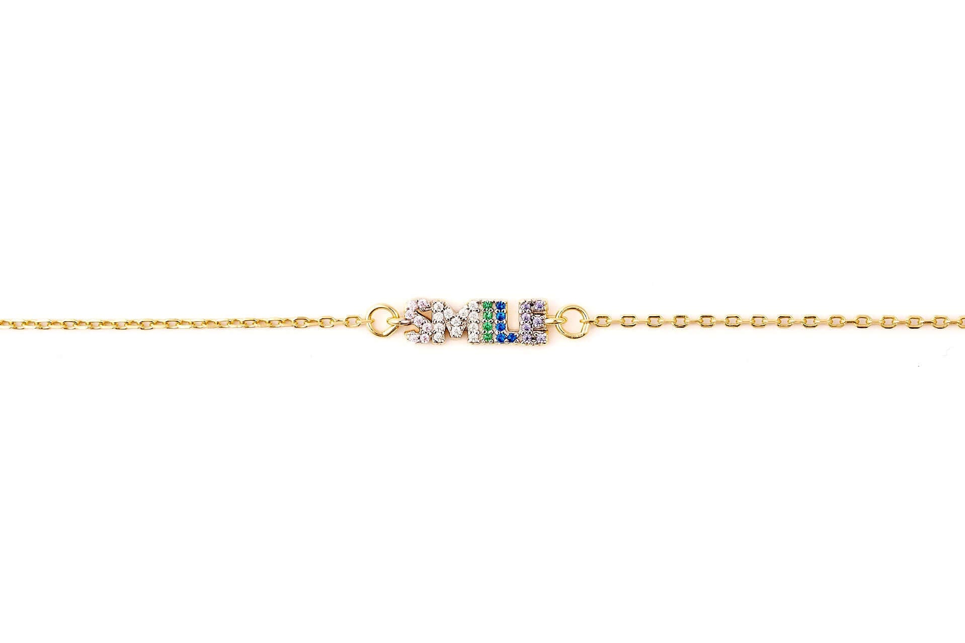 Don't Forget To Smile Today Bracelet featuring a rainbow CZ design on a gold-plated chain.