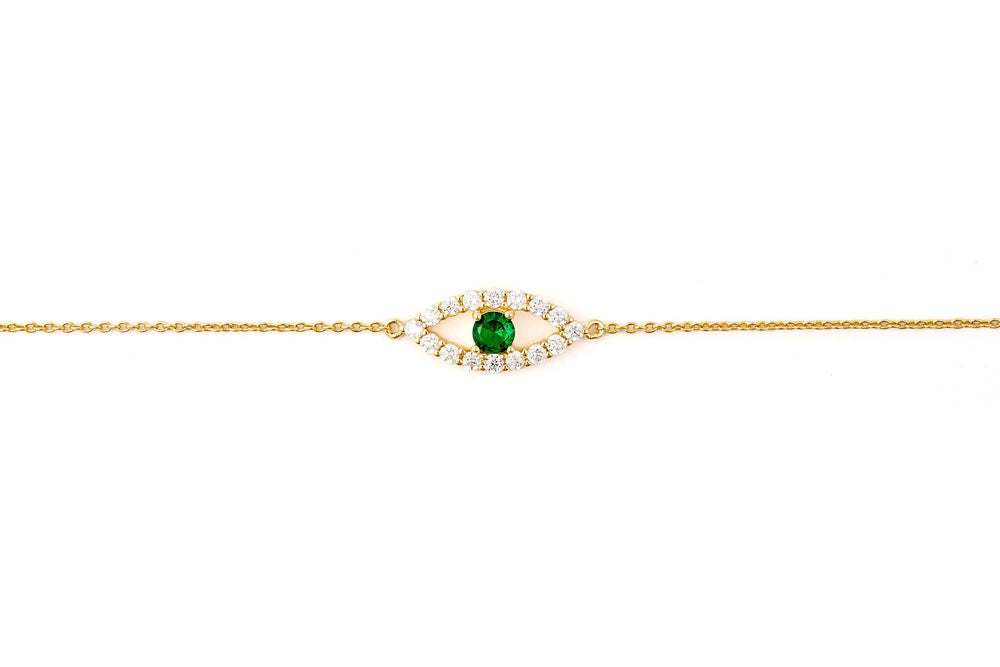 Divinely Protected Evil Eye Bracelet with green pendant and gold accents on a delicate chain.