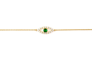 Divinely Protected Evil Eye Bracelet with green pendant and gold accents on a delicate chain.