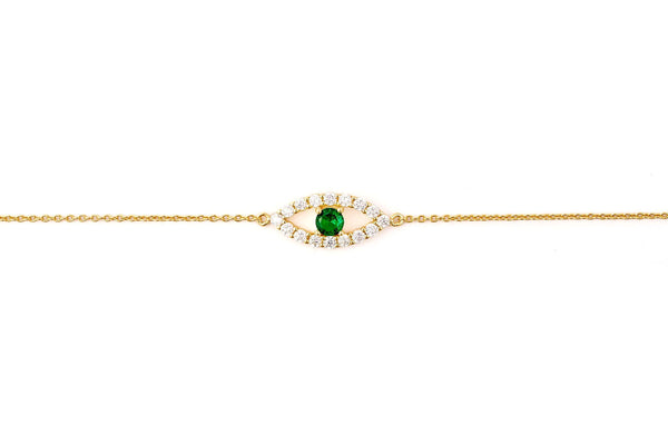 Divinely Protected Evil Eye Bracelet with green pendant and gold accents on a delicate chain.