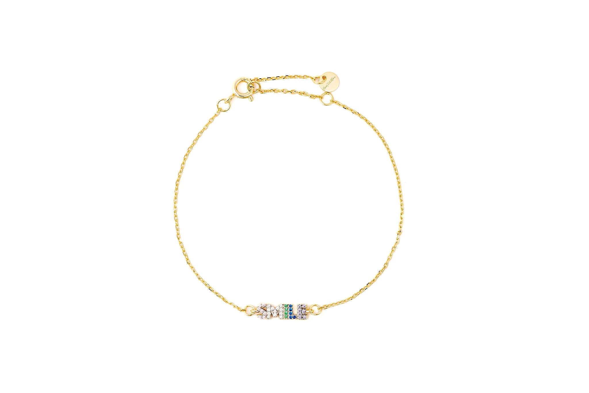 Don't Forget To Smile Today Bracelet featuring rainbow CZ design in 14k gold plating and adjustable chain for comfort.