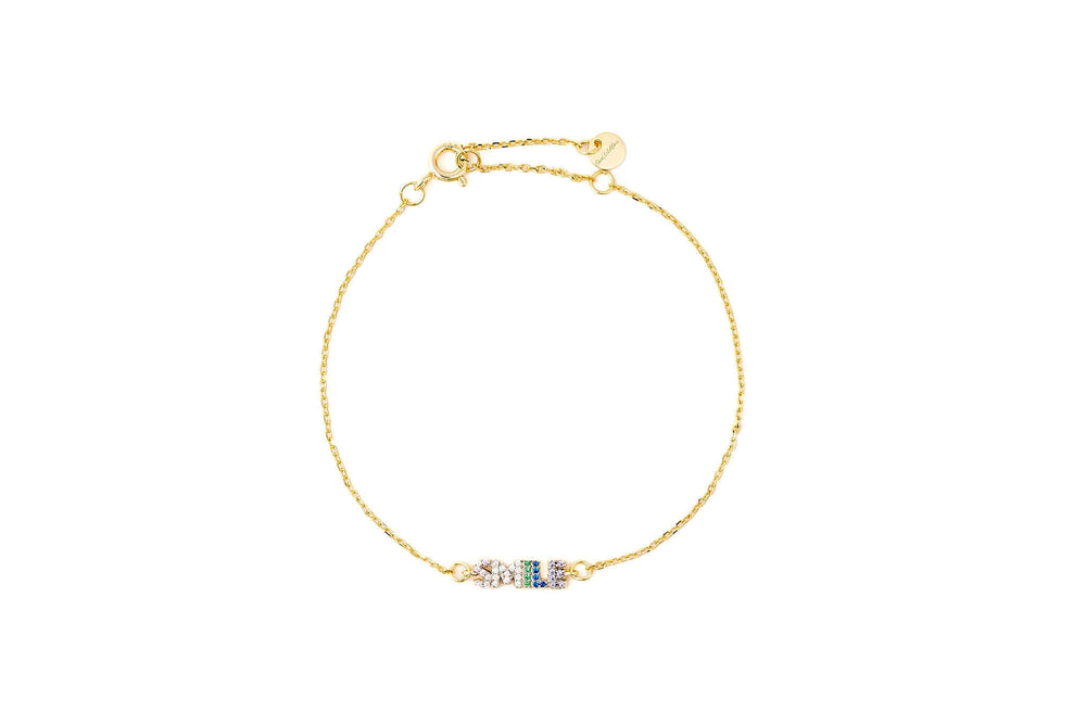 Don't Forget To Smile Today Bracelet featuring rainbow CZ design in 14k gold plating and adjustable chain for comfort.