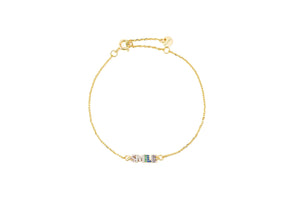 Don't Forget To Smile Today Bracelet featuring rainbow CZ design in 14k gold plating and adjustable chain for comfort.