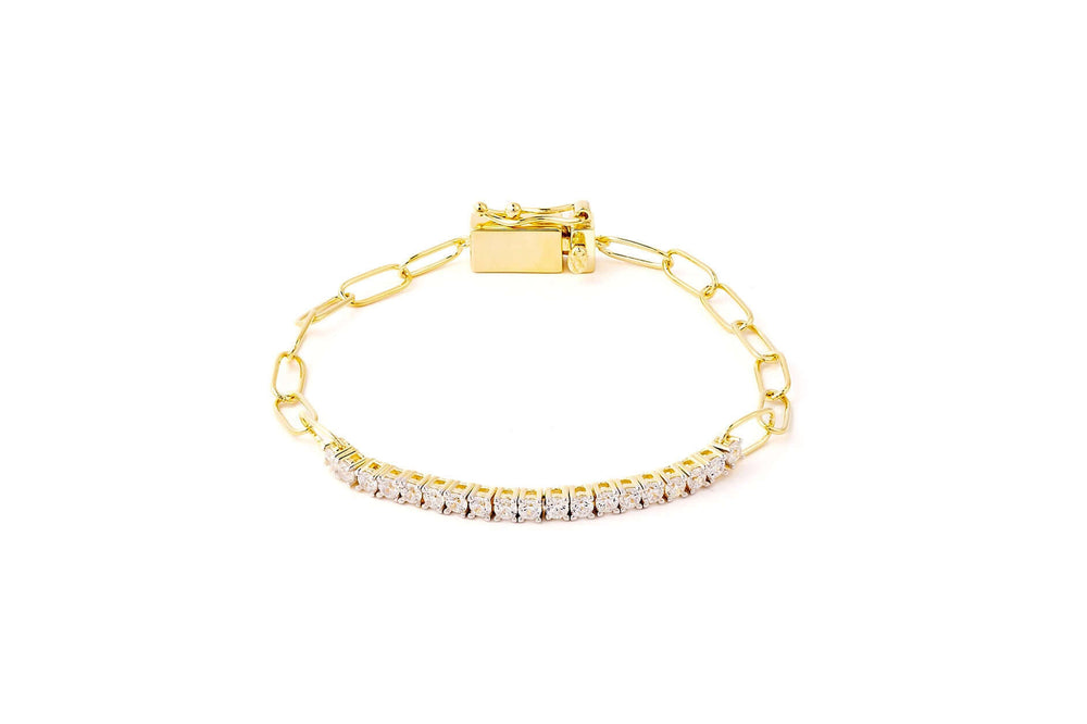 How Lucky Are We Gold Chain Bracelet featuring sparkling crystals and a delicate gold chain design.