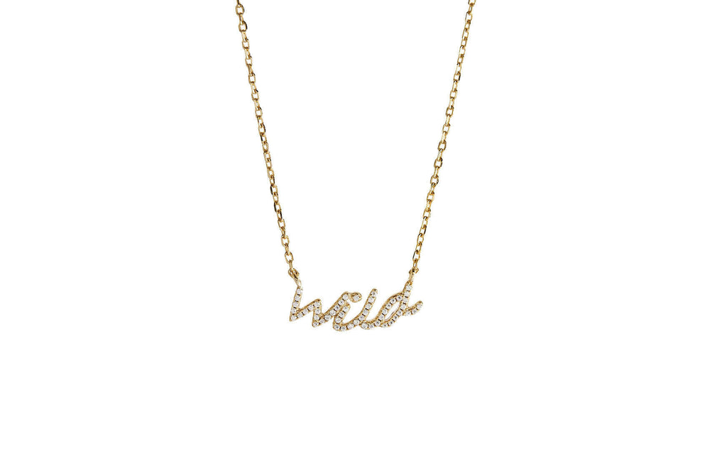 This Wild Soul Script Necklace featuring a gold-plated 'wild' pendant on a delicate chain.