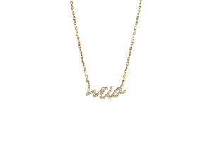 This Wild Soul Script Necklace featuring a gold-plated 'wild' pendant on a delicate chain.